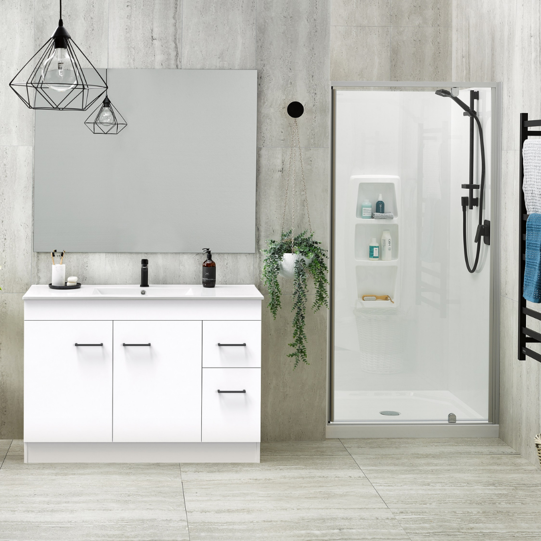 NZ Made Clearlite Cashmere Classic Vanity and Sierra Shower in bathroom setting