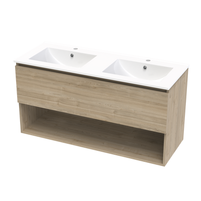 Pinnacle Valley 1200 Double Bowl Drawer Open Shelf Wall Vanity