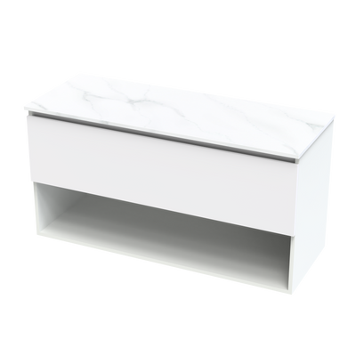 Pinnacle Pro Arctic 1200 Double Bowl Drawer Open Wall Vanity